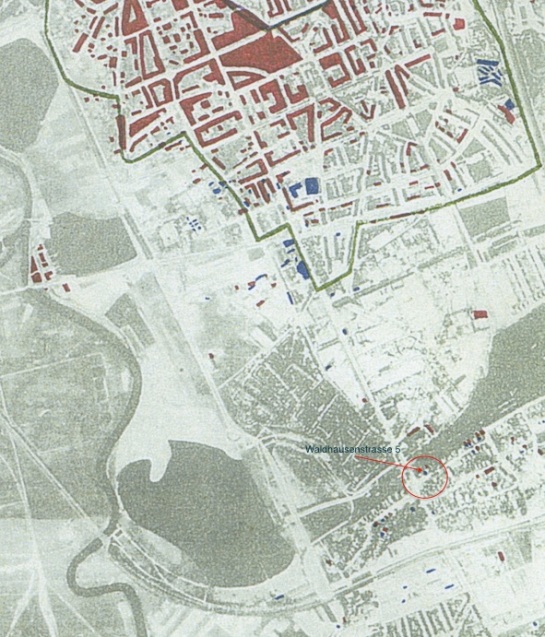 RAF Damage Assessment Map produced from aerial photographs taken on 11th/12th October 1943. Identified bomb hits are marked with a red stop one of which can be seen on Waldhausenstrasse.